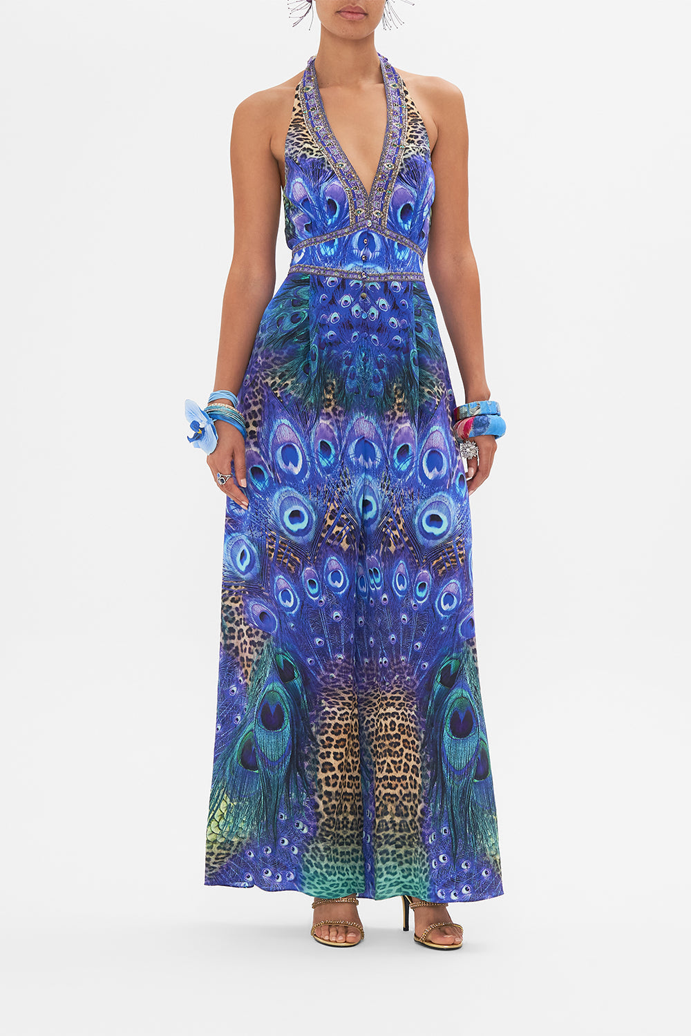 Front view of model wearing CAMILLA silk jumpsuit in Peacock Rock print