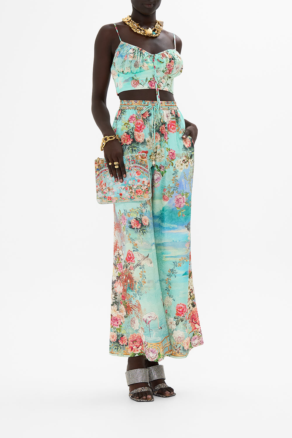 CAMILLA Small canvas clutch in The jewellery museum print.