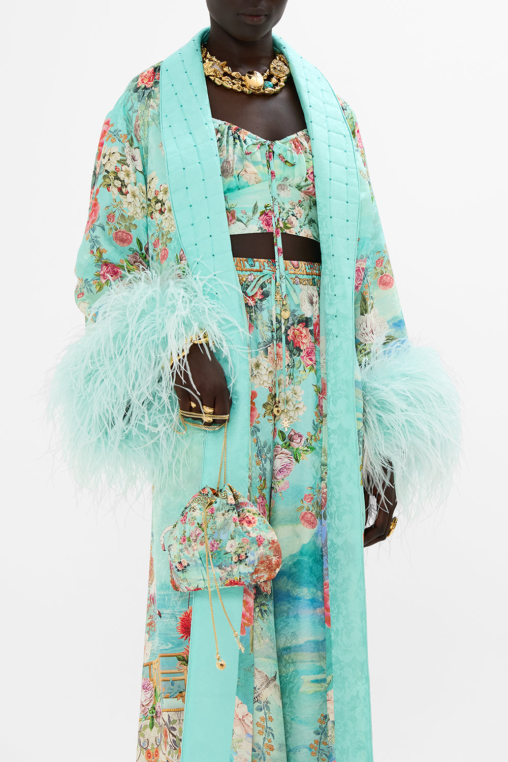 CAMILLA Drawstring pouch with chain strap in The jewellery museum print.