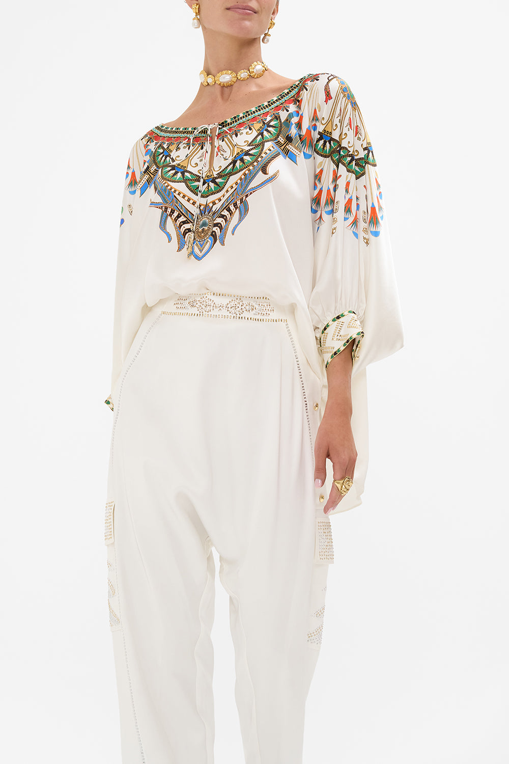 CAMILLA Raglan Sleeve Blouse with Cuff in Valley of the Queens print