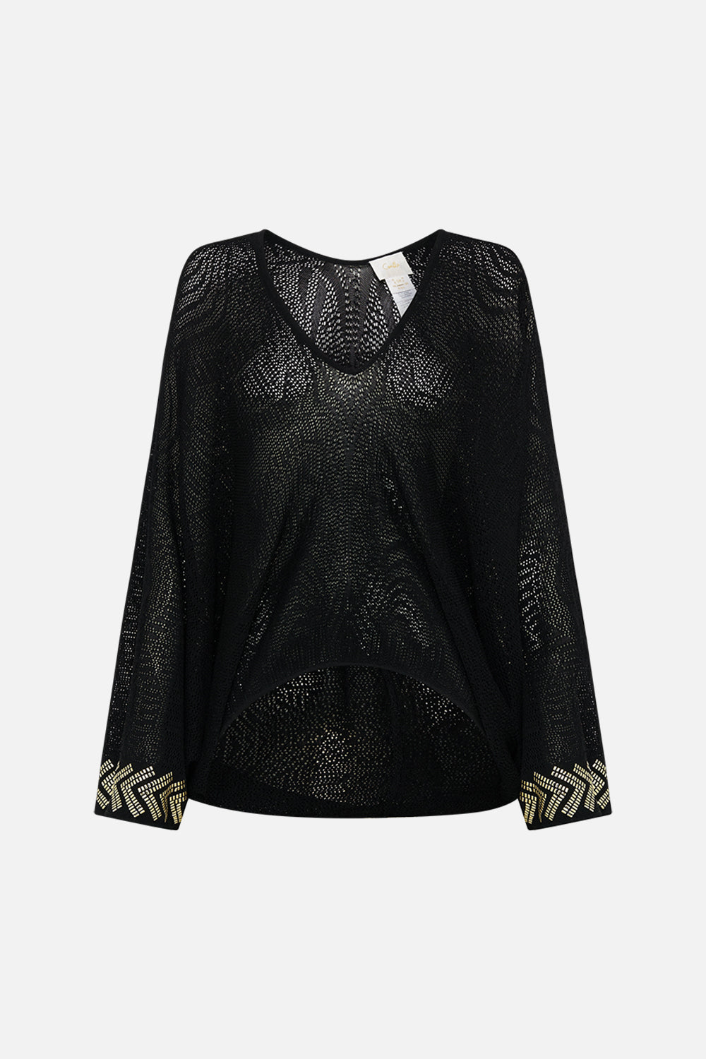 CAMILLA Relaxed V Neck Knot Pointelle Top in Cat Worship print. 