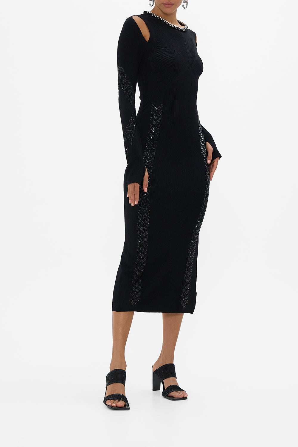 CAMILLA Engineered Cut Out Long Knit Dress in Cartouche Kingdom print. 