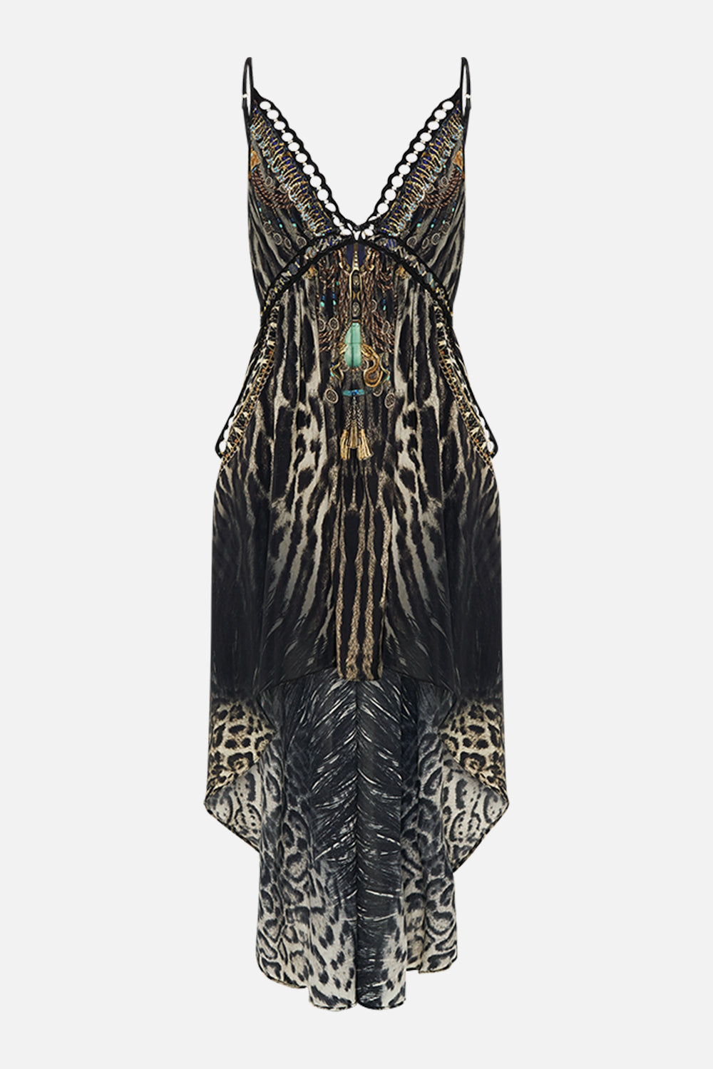 CAMILLA Strappy High Low Dress With Pockets in Cat Worship print. 