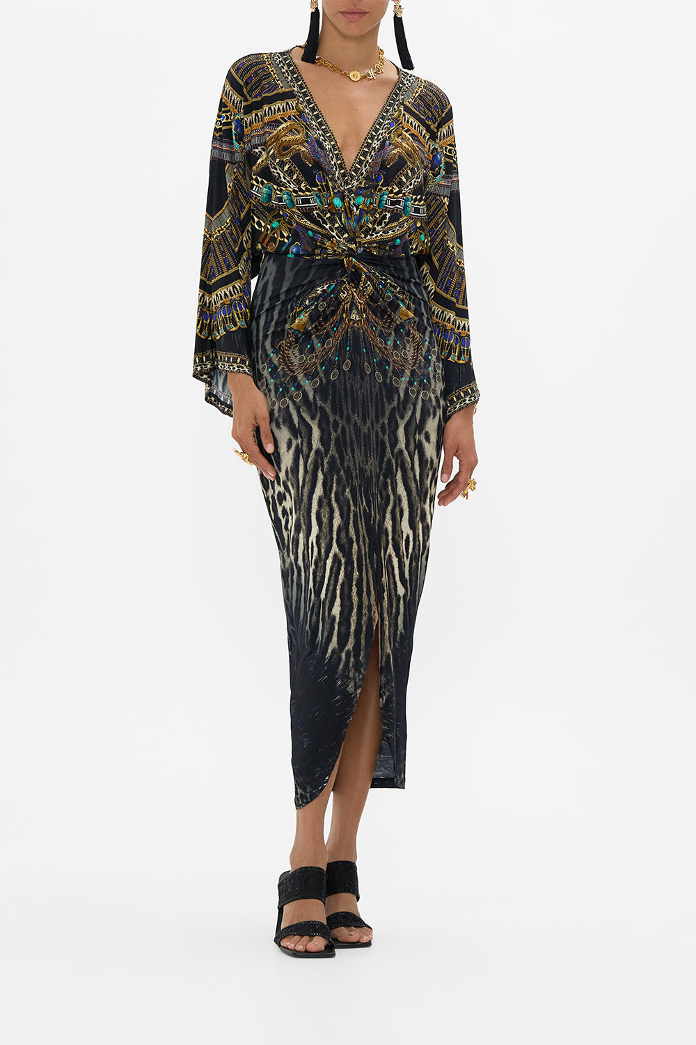 CAMILLA long split front twist dress in Cat Worship print. 