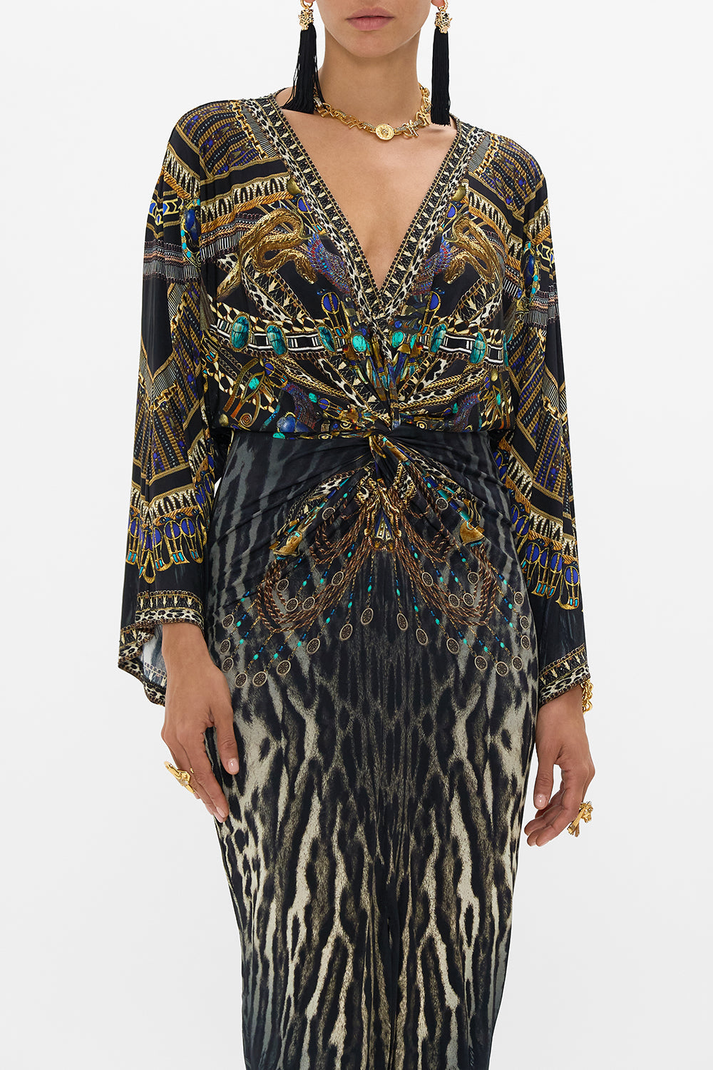 CAMILLA long split front twist dress in Cat Worship print. 