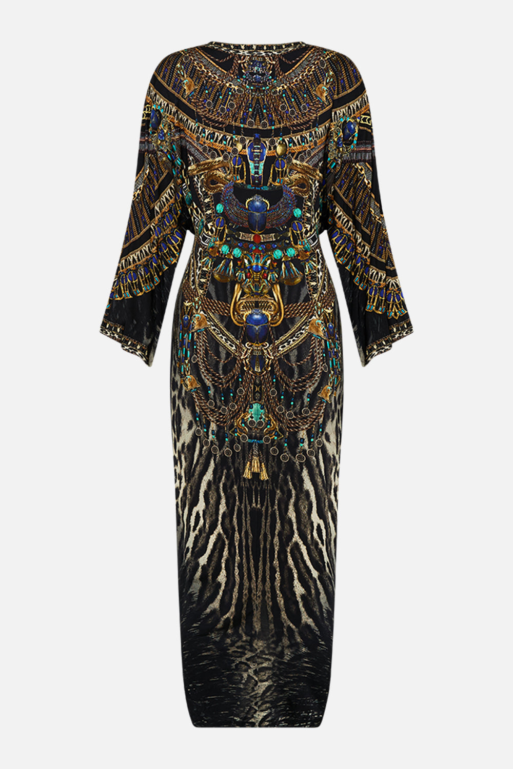 CAMILLA long split front twist dress in Cat Worship print. 