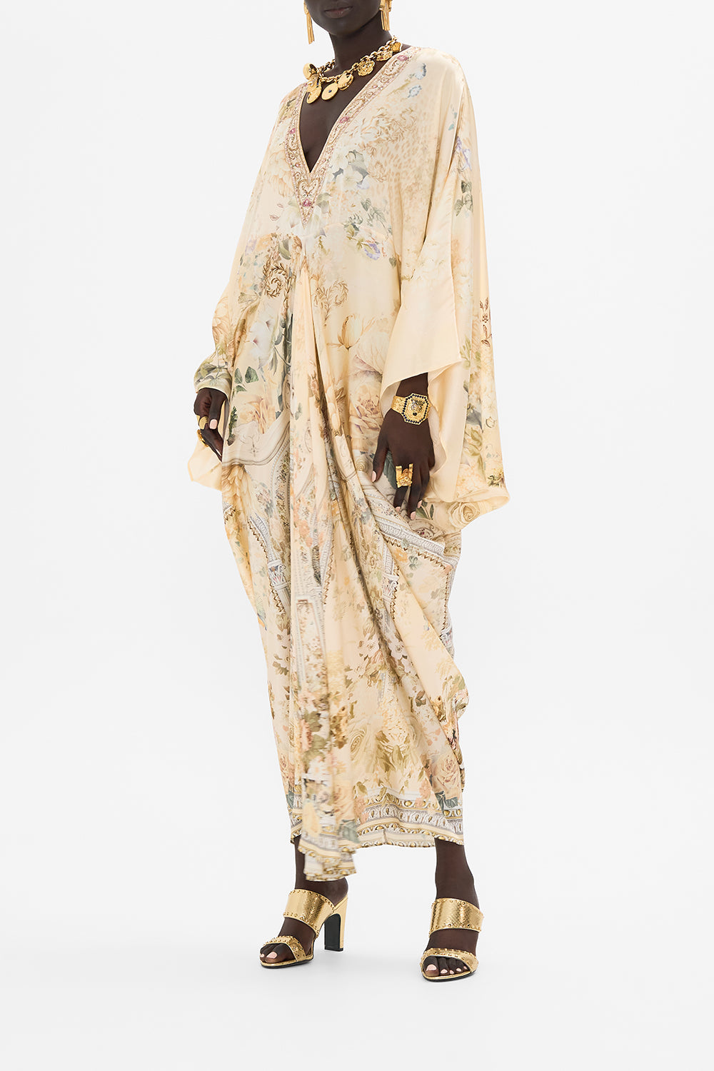 CAMILLA floral t shape long kaftan in Adorned in Antiquity print. 