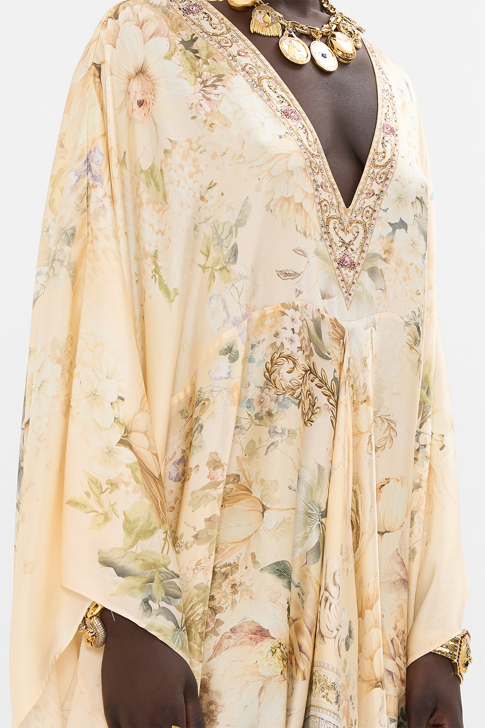 CAMILLA floral t shape long kaftan in Adorned in Antiquity print. 
