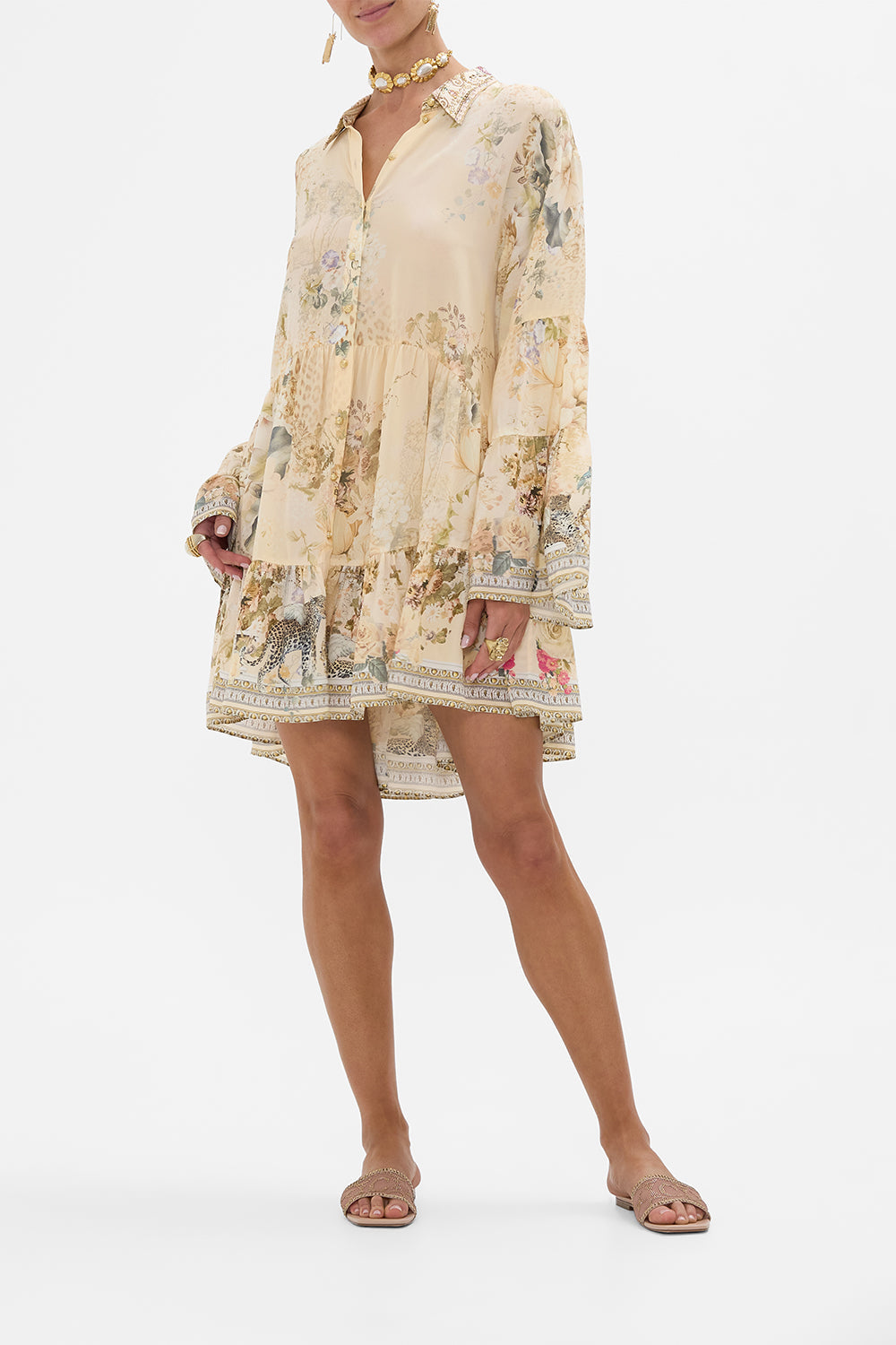 CAMILLA floral tired dress with collar in Adorned in Antiquity print. 