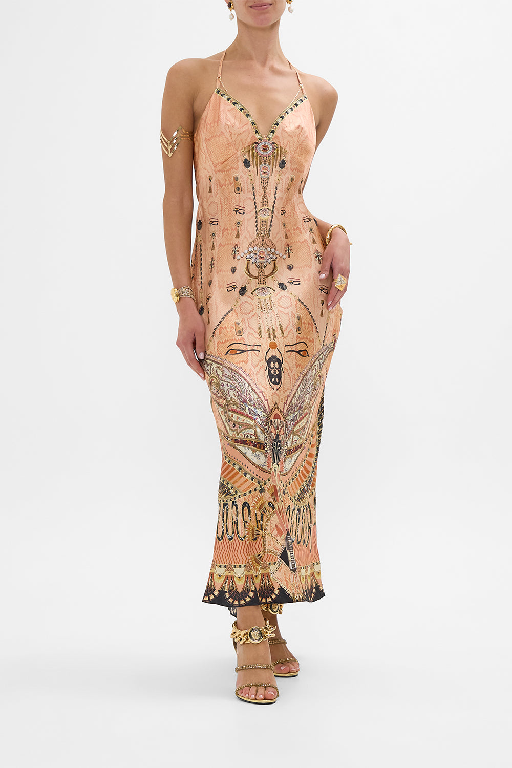 CAMILLA Gold Chain Detail Slip Dress in Kingdom of Hieroglyphs Print