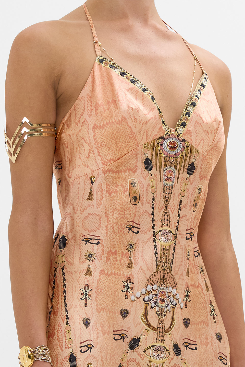 CAMILLA Gold Chain Detail Slip Dress in Kingdom of Hieroglyphs Print