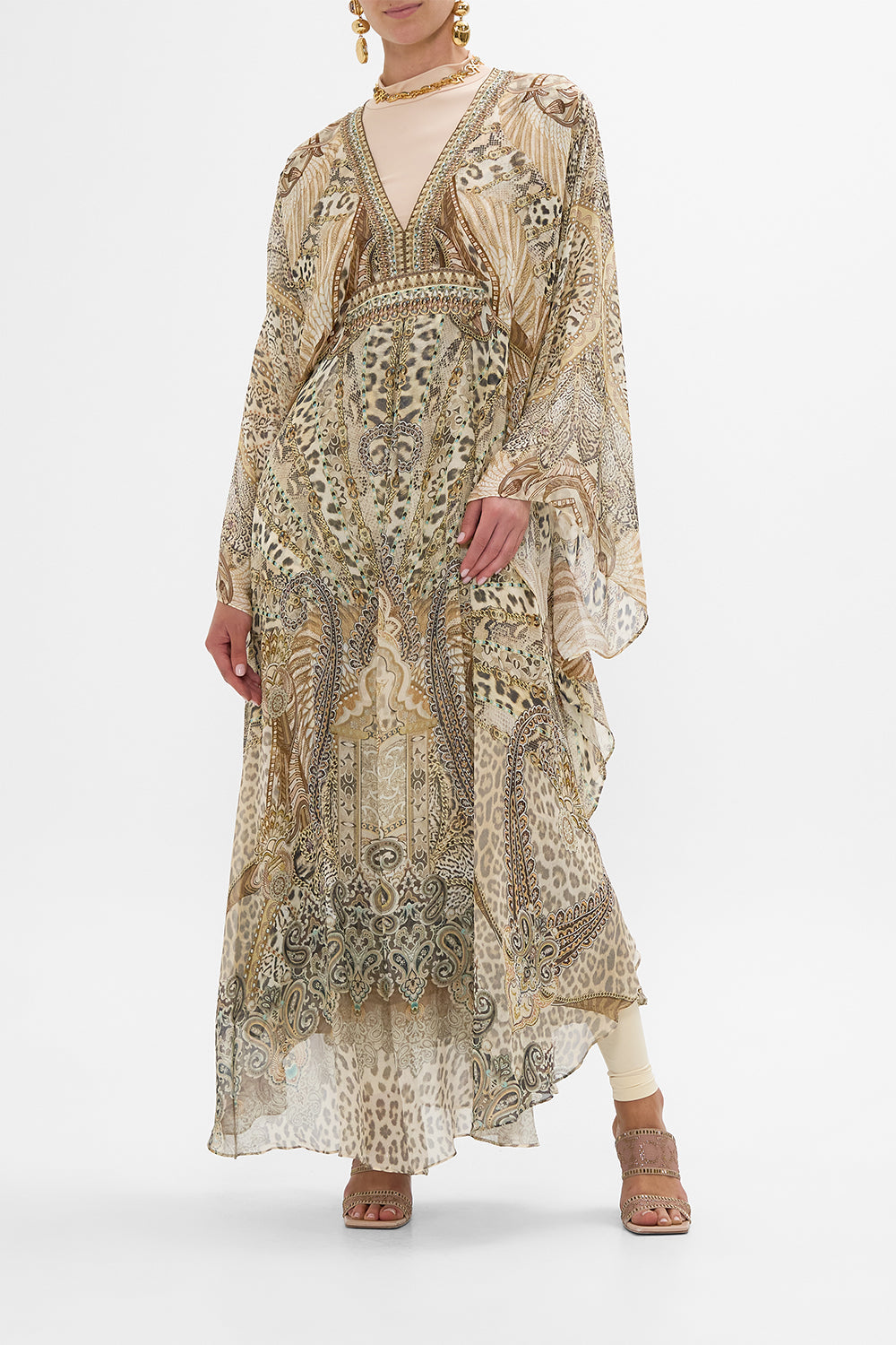 CAMILLA Long Kaftan with Waist Detail in The Throne Room print