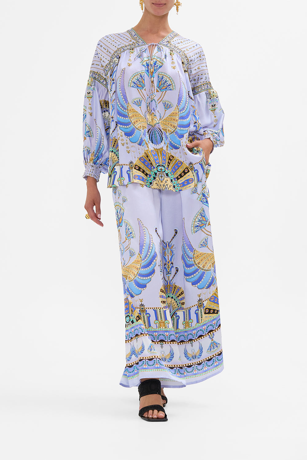 CAMILLA Lilac Blouson Blouse with Neck Tie in Under Scarab Skies print.