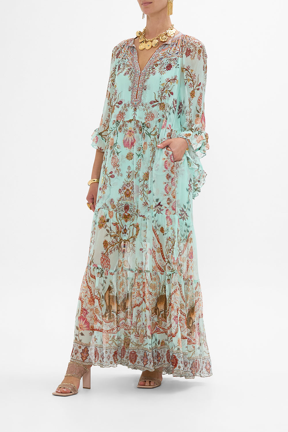 CAMILLA Wide Sleeve Gathered Dress in Weaving Worlds print