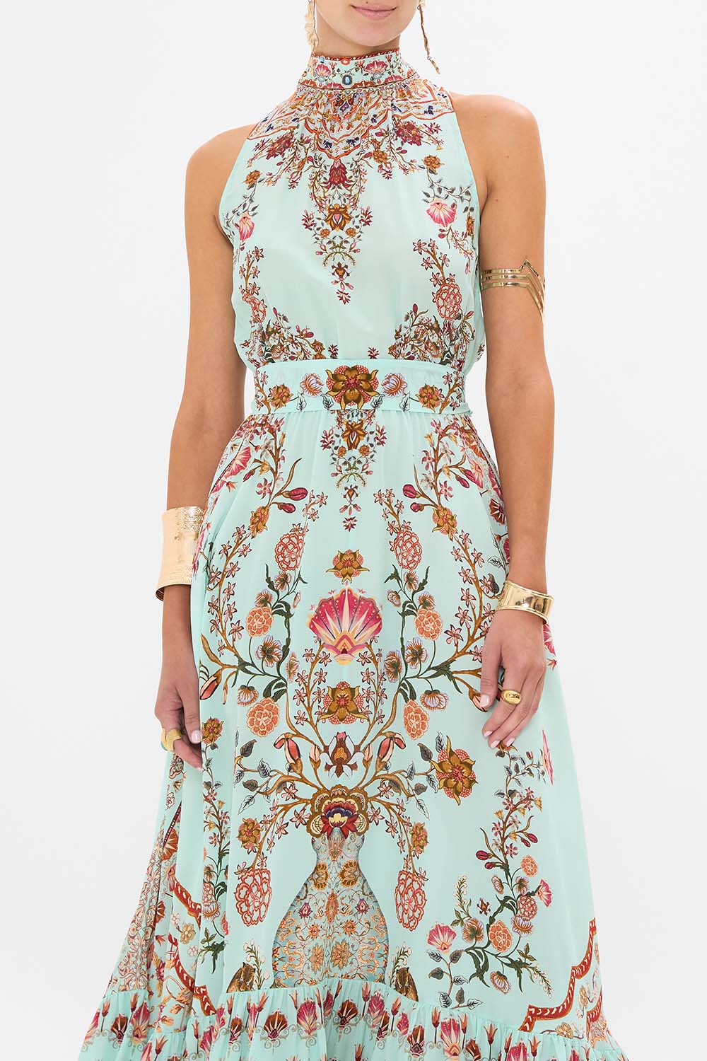 CAMILLA Necktie Dress with Elasticated Waist in Weaving Worlds print