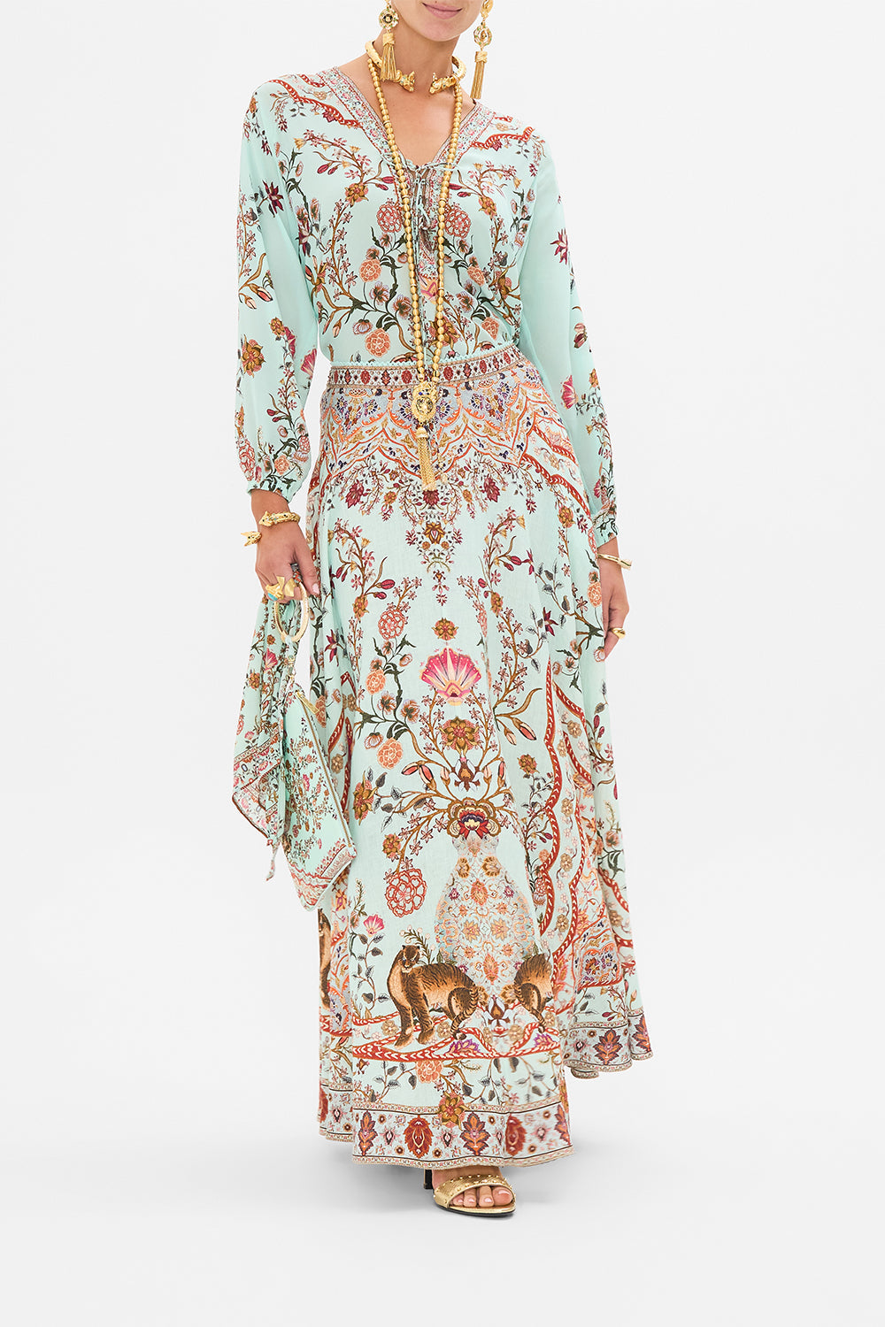 CAMILLA Lace Up Blouse in Weaving Worlds print