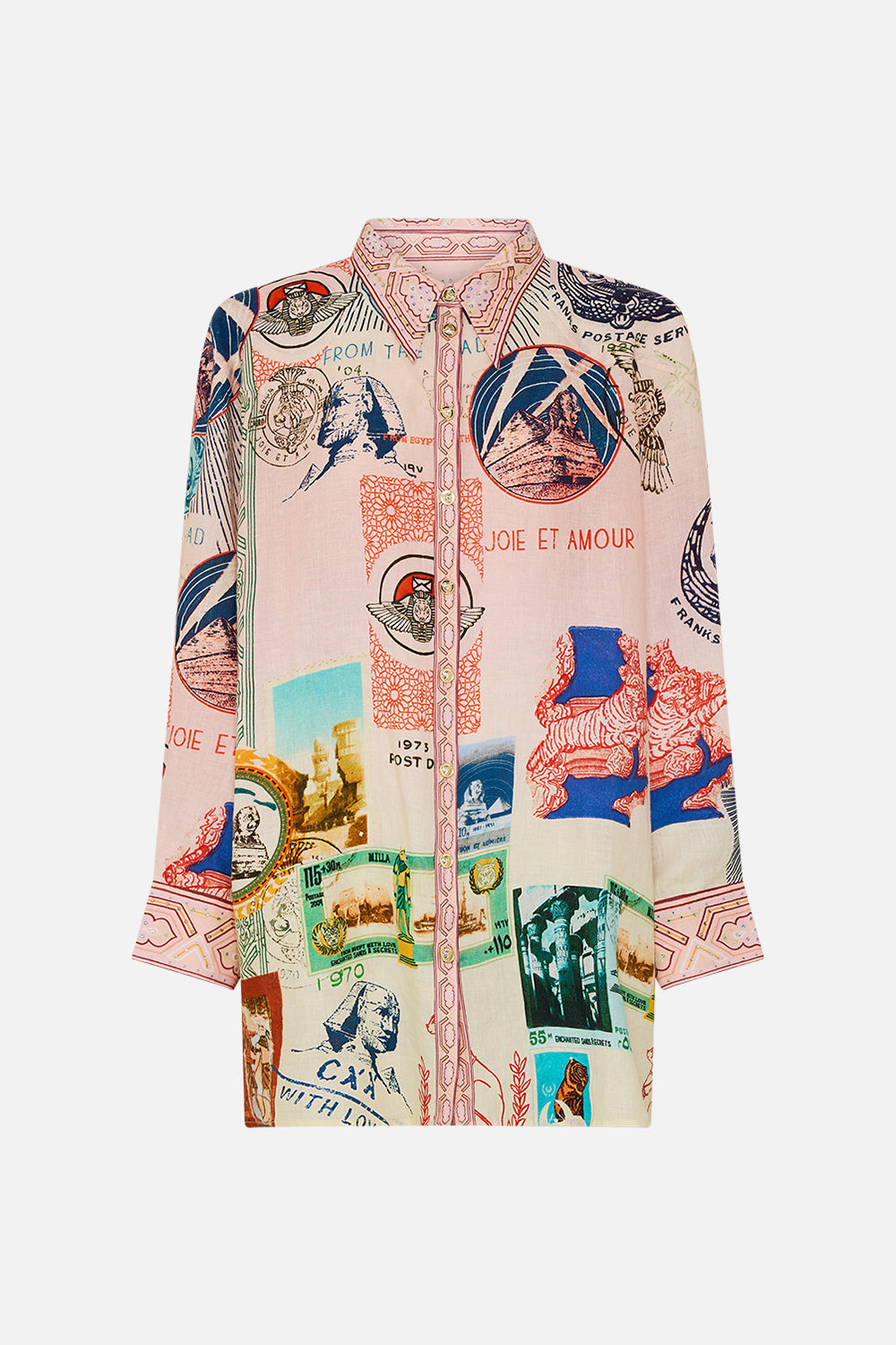 CAMILLA long line shirt with yoke and button detail in Haute Passport print. 