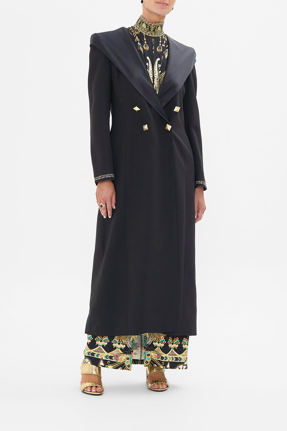 CAMILLA Black/Gold Long Coat with Hood in They Called Her Nefertari print