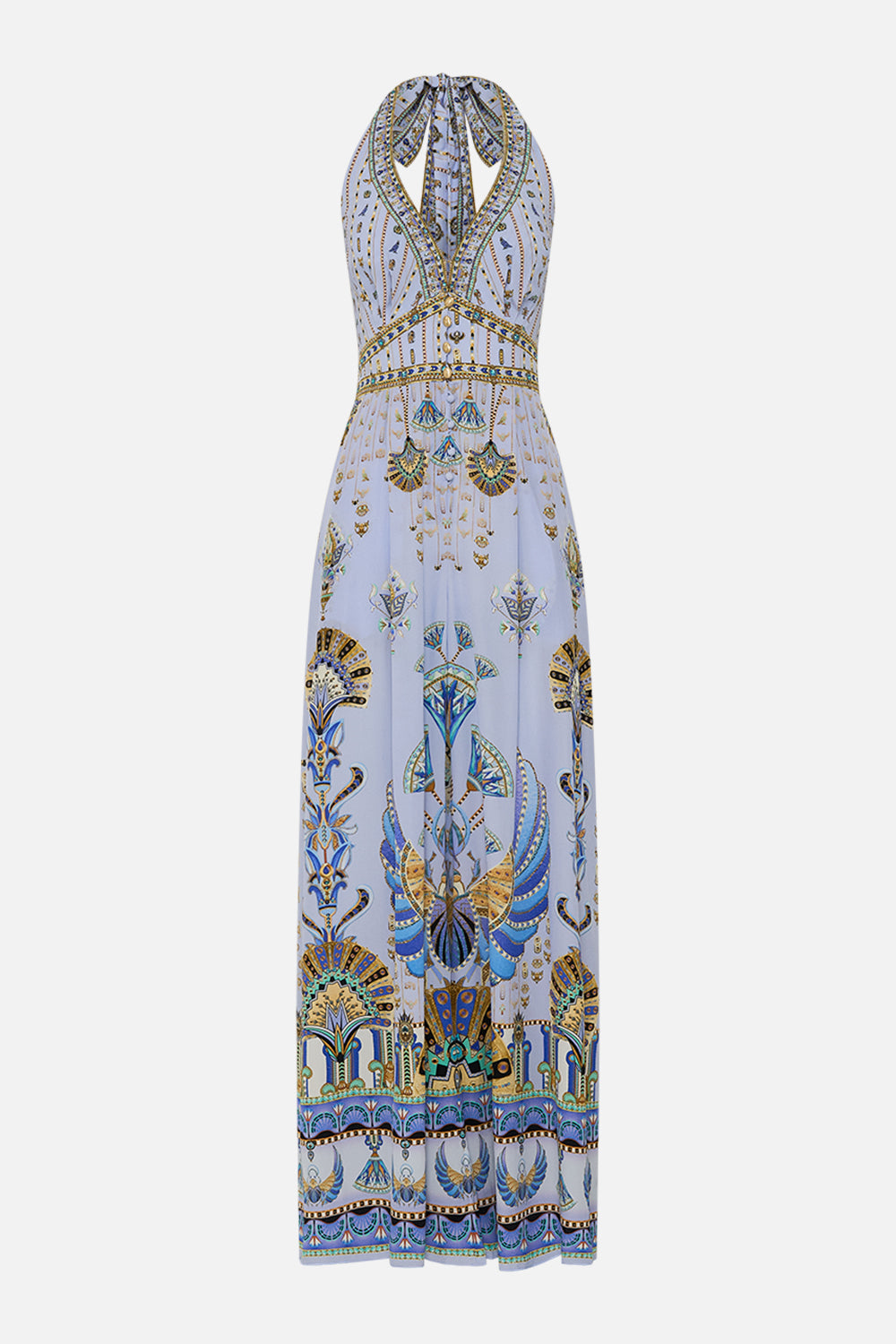 CAMILLA Lilac Halterneck Jumpsuit with Tie Neck in Under Scarab Skies print