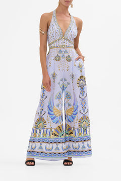 CAMILLA Lilac Halterneck Jumpsuit with Tie Neck in Under Scarab Skies print