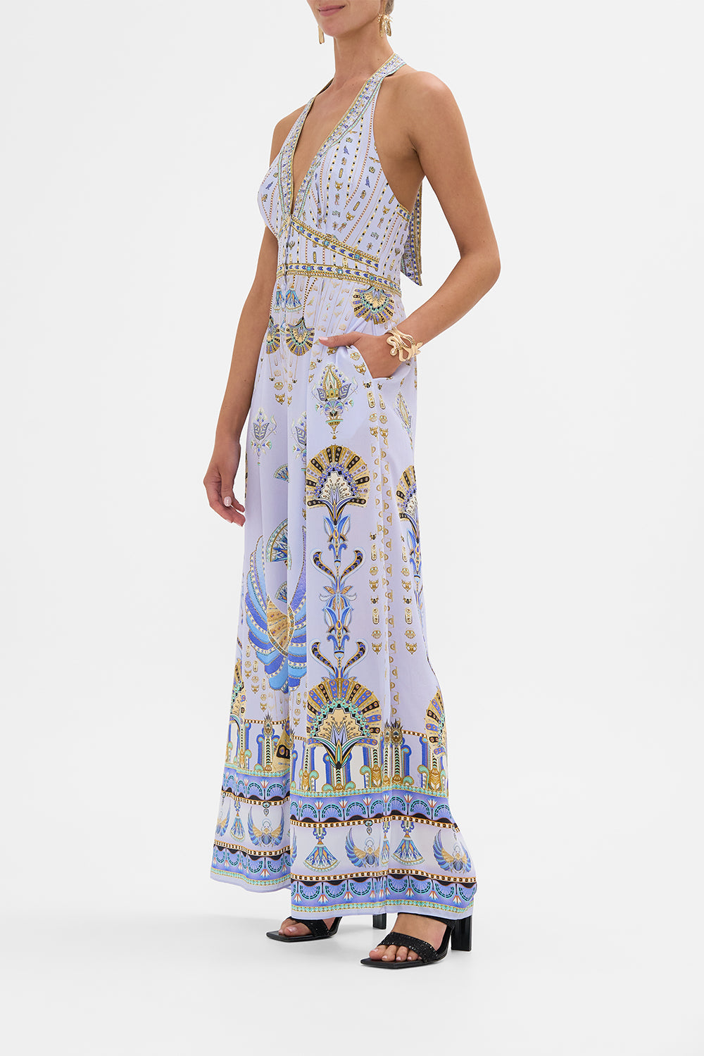 CAMILLA Lilac Halterneck Jumpsuit with Tie Neck in Under Scarab Skies print