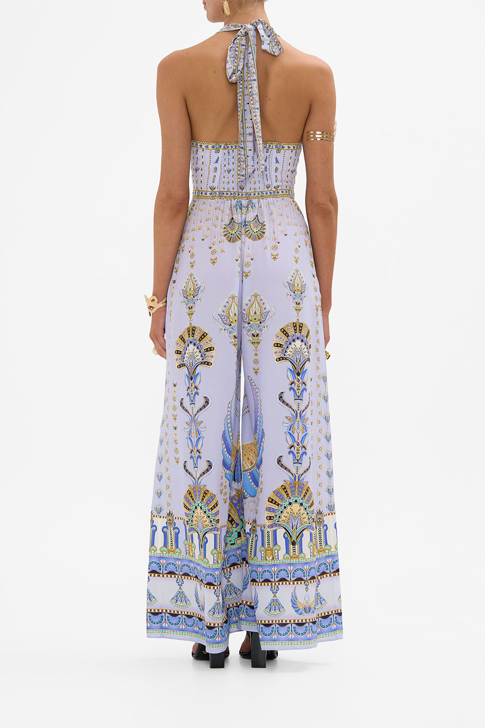 CAMILLA Lilac Halterneck Jumpsuit with Tie Neck in Under Scarab Skies print