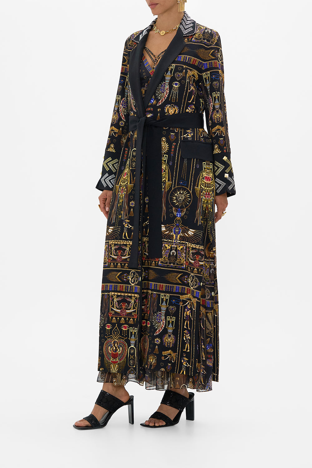 CAMILLA Cuffed Short Side Split Coat in Cartouche Kingdom print. 