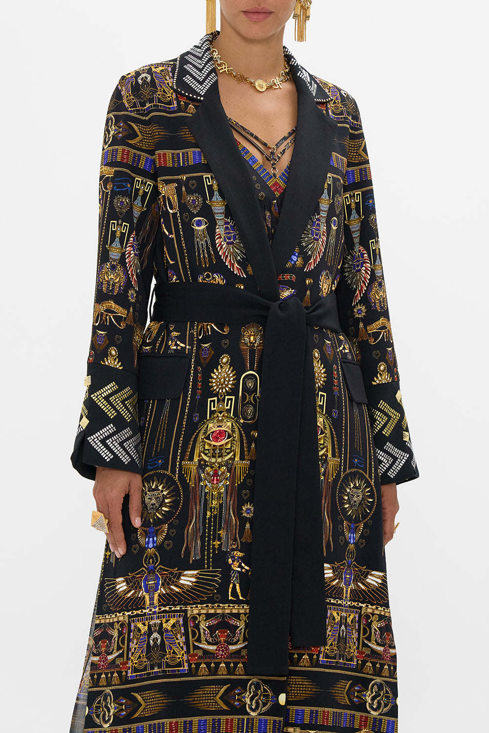 CAMILLA Cuffed Short Side Split Coat in Cartouche Kingdom print. 