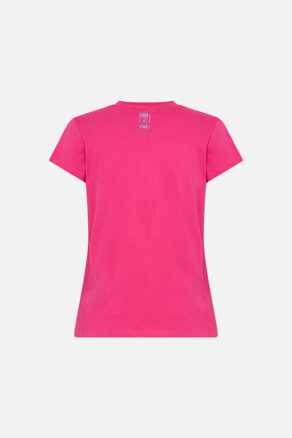 CAMILLA Hot Pink Slim Fit Round Neck T Shirt in Song Of The Scarab print. 