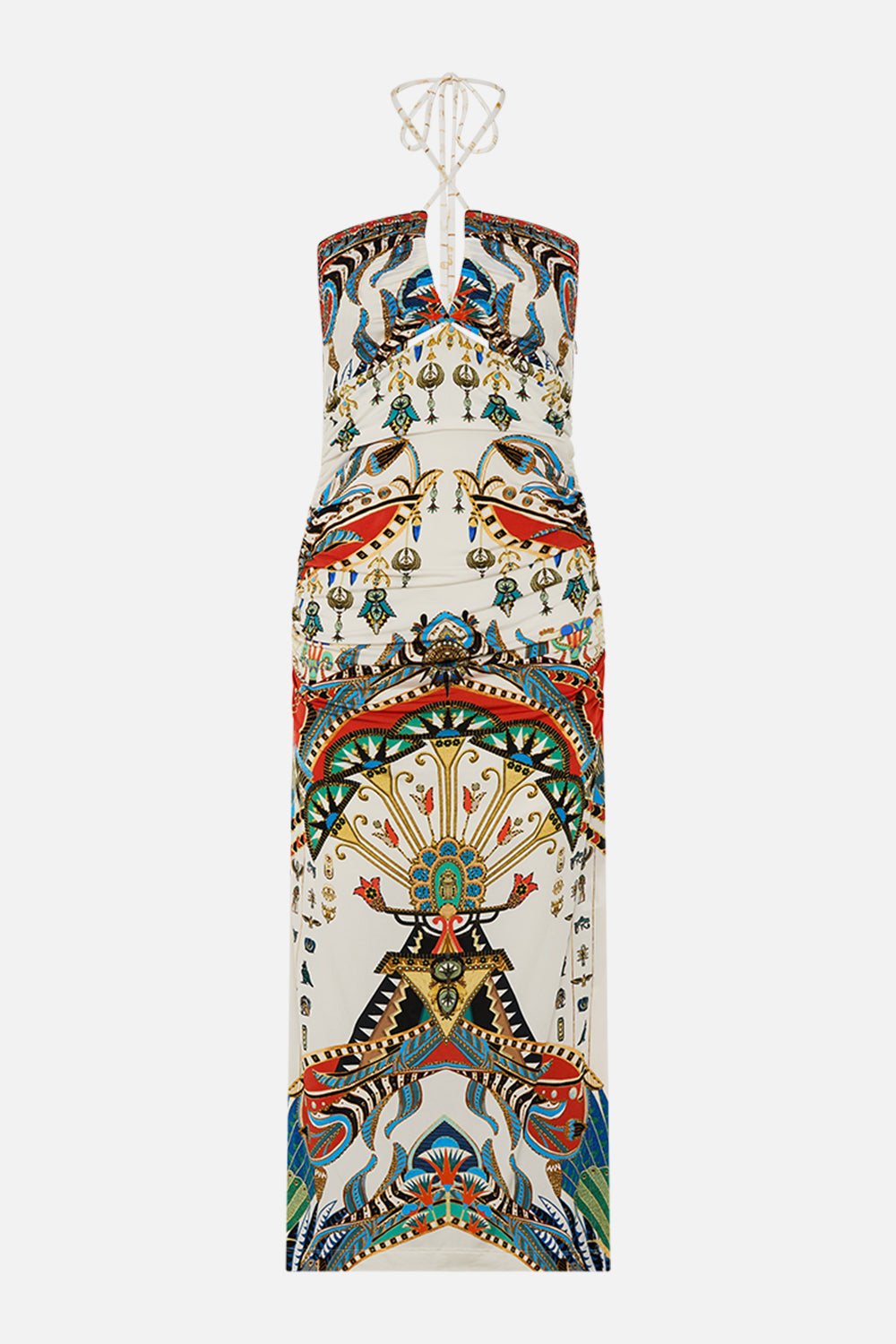 The CAMILLA CUT OUT SLEEVELESS JERSEY HALTER NECK DRESS VALLEY OF THE QUEENS in our  print.