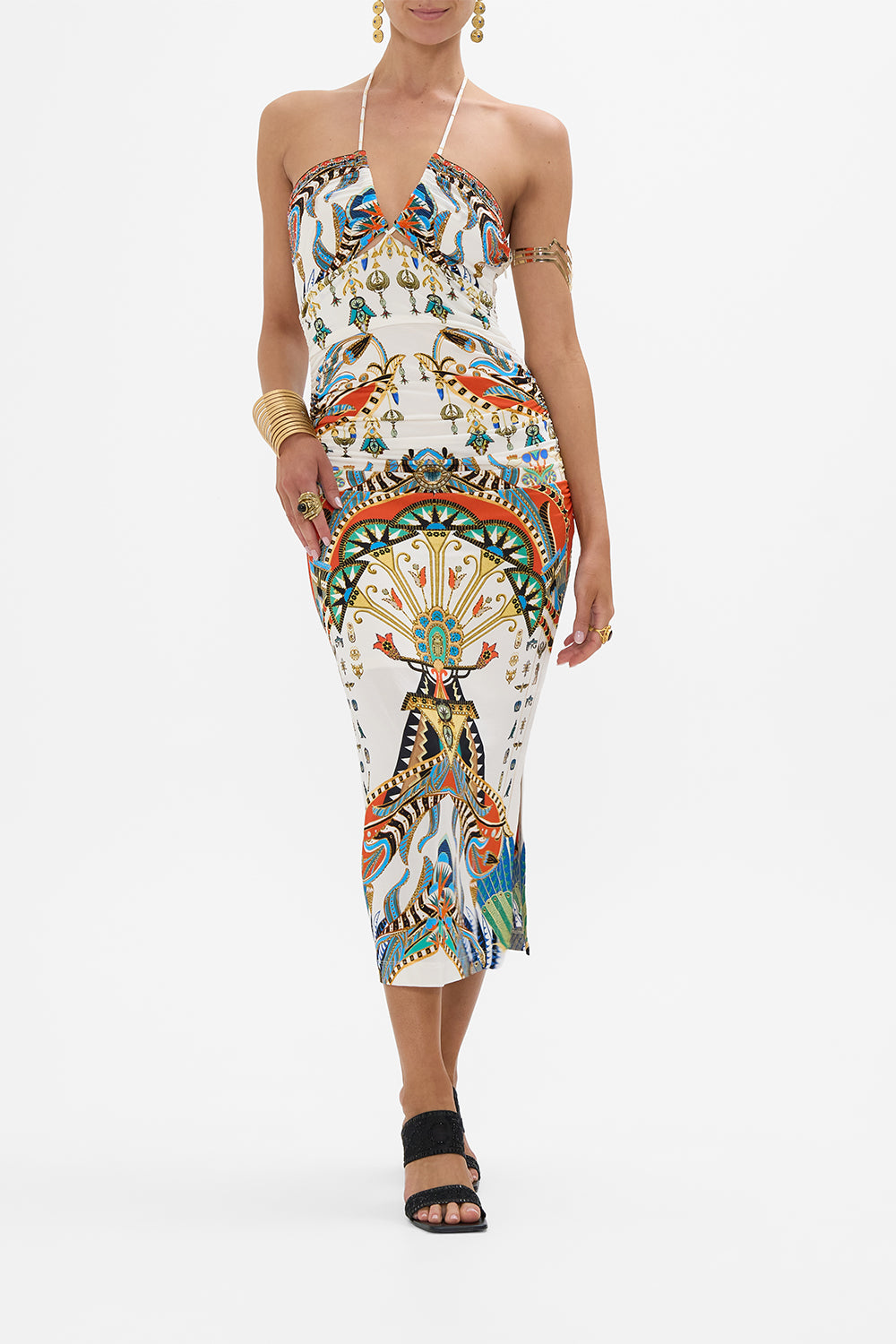 The CAMILLA CUT OUT SLEEVELESS JERSEY HALTER NECK DRESS VALLEY OF THE QUEENS in our VALLEY OF THE QUEENS print.