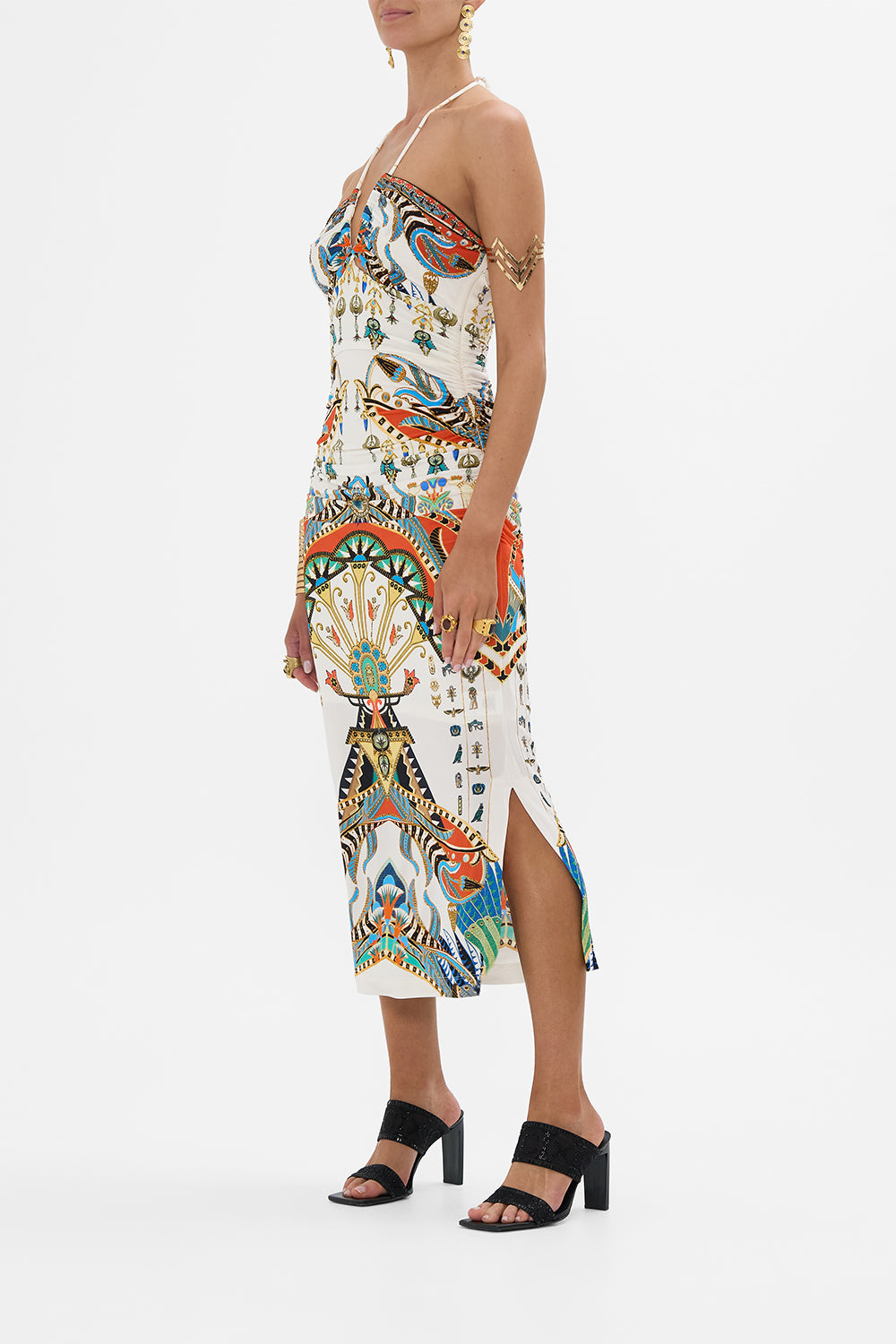 The CAMILLA CUT OUT SLEEVELESS JERSEY HALTER NECK DRESS VALLEY OF THE QUEENS in our  print.