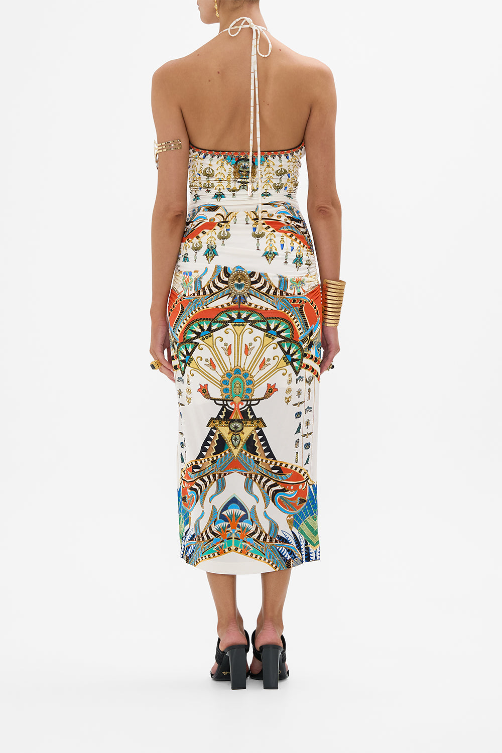 The CAMILLA CUT OUT SLEEVELESS JERSEY HALTER NECK DRESS VALLEY OF THE QUEENS in our  print.
