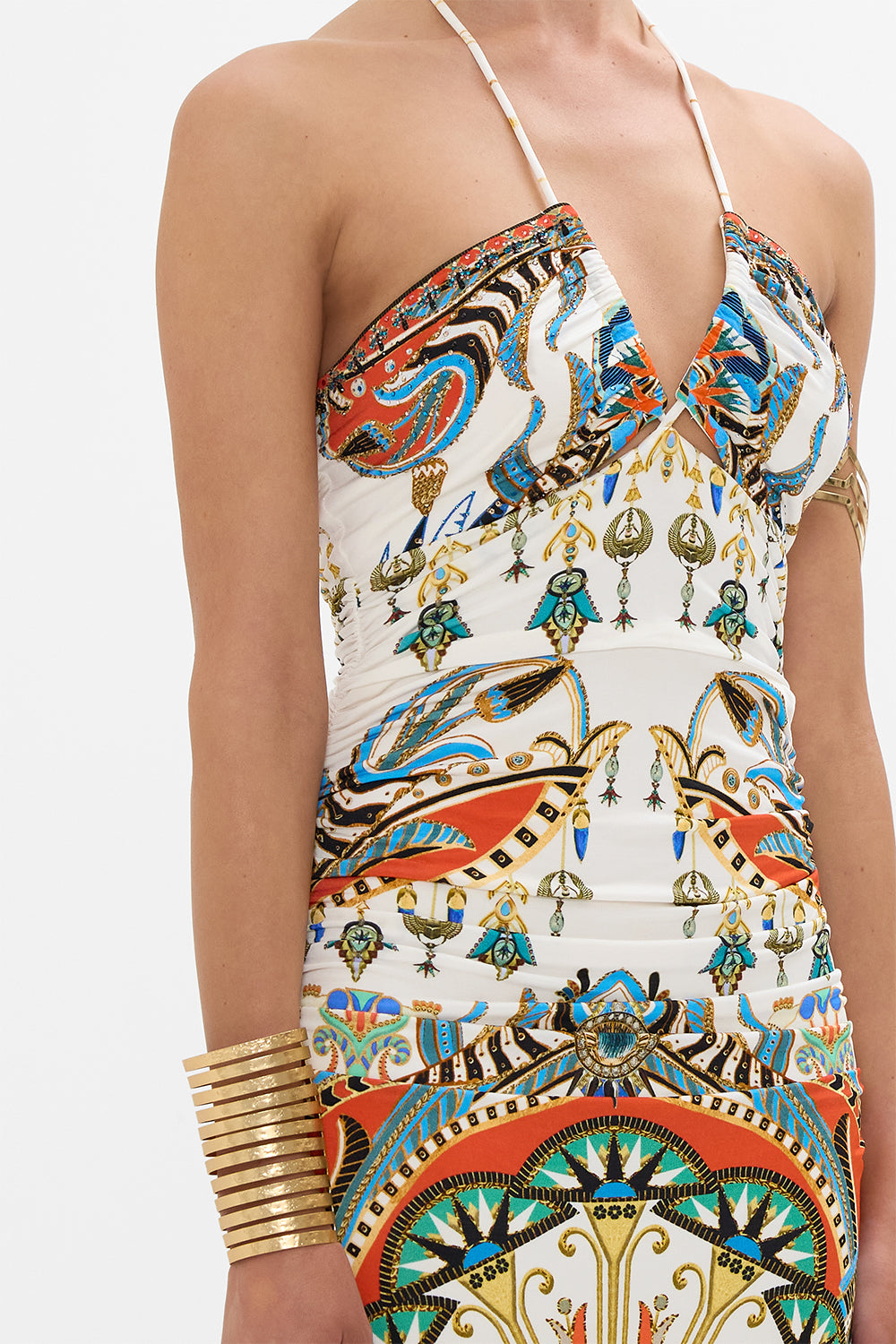 The CAMILLA CUT OUT SLEEVELESS JERSEY HALTER NECK DRESS VALLEY OF THE QUEENS in our  print.