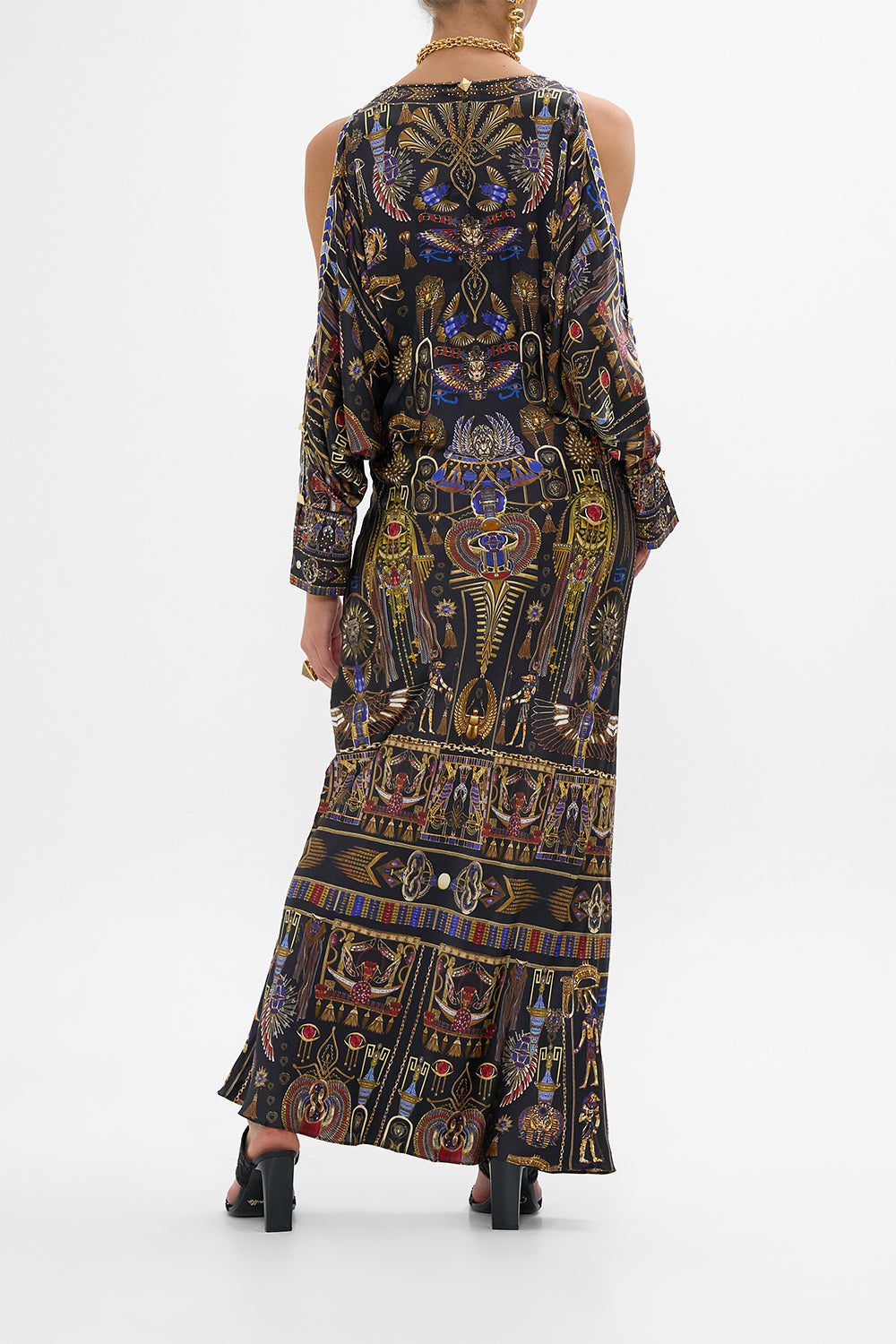 CAMILLA Plunge Neck Draped Shoulder Dress in Cartouche Kingdom print. 
