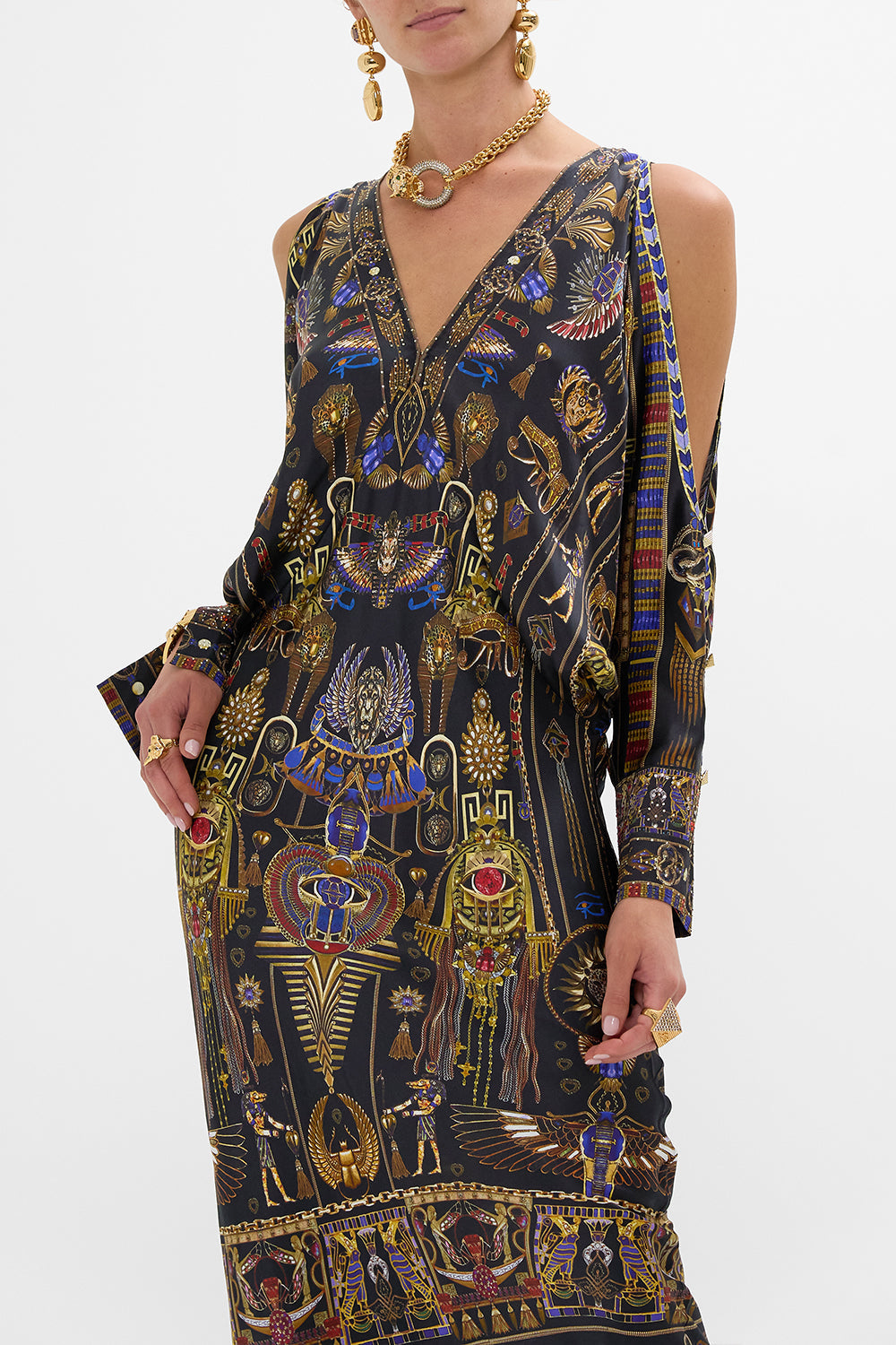 CAMILLA Plunge Neck Draped Shoulder Dress in Cartouche Kingdom print. 