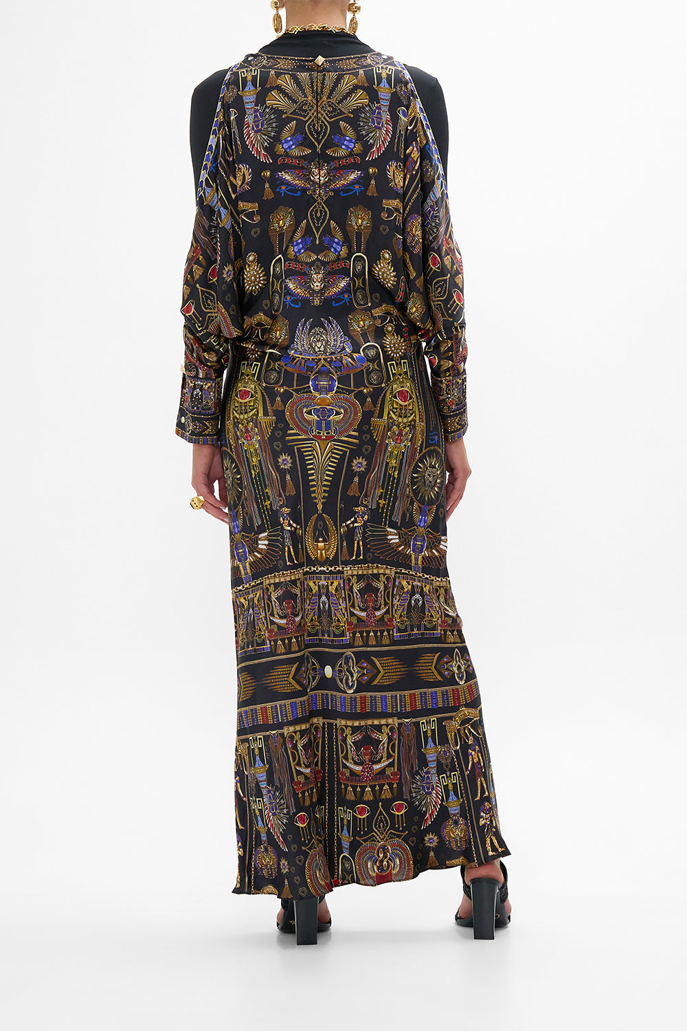 CAMILLA Plunge Neck Draped Shoulder Dress in Cartouche Kingdom print. 