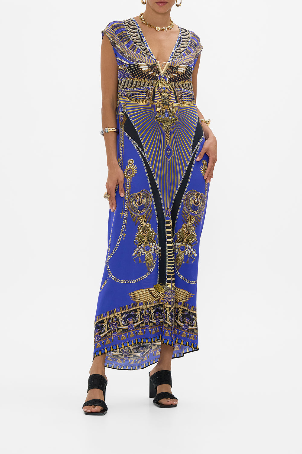 CAMILLA Sleeveless Drape Back Dress in My Fair Pharaoh print. 