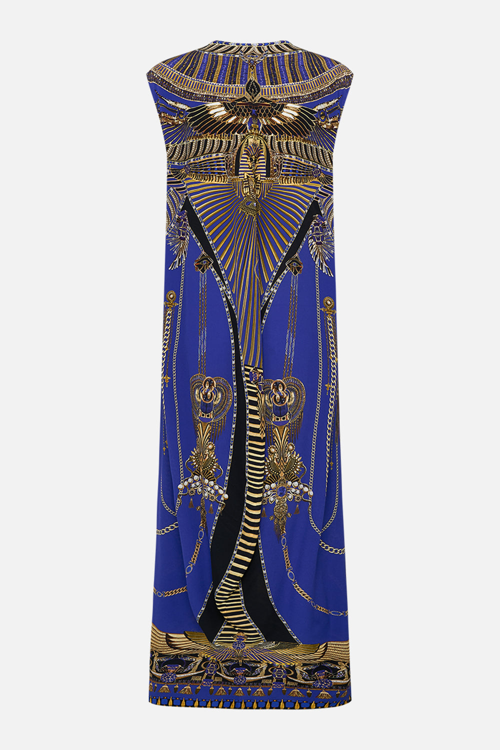 CAMILLA Sleeveless Drape Back Dress in My Fair Pharaoh print. 