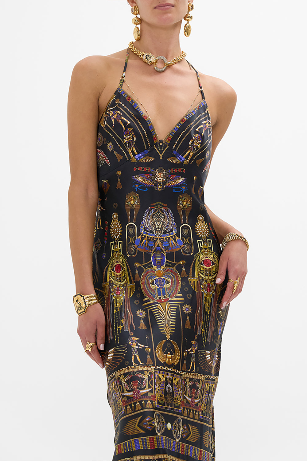 CAMILLA Chain Detail Slip Dress in Cartouche Kingdom print. 