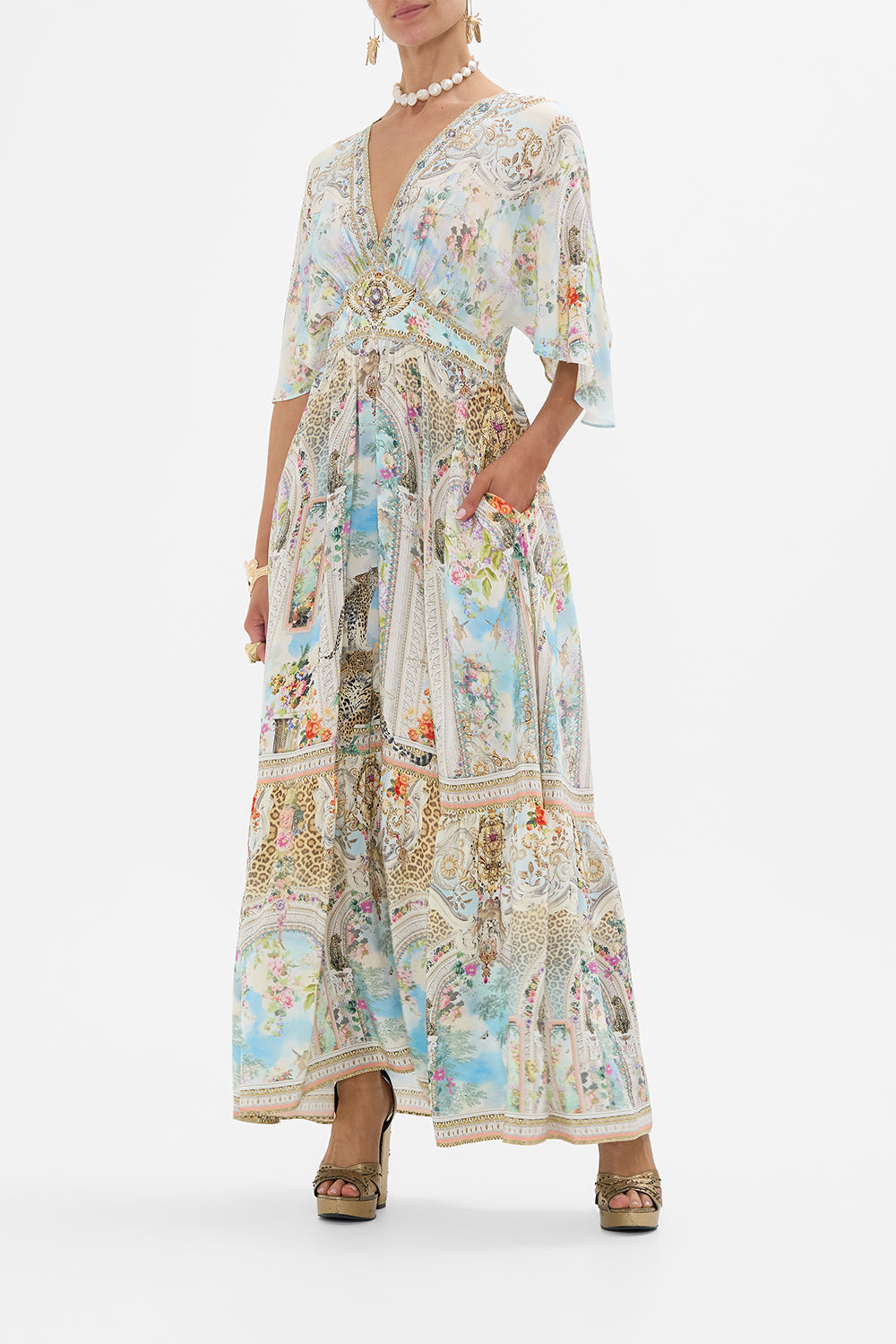 CAMILLA Waisted Dress With Hem Ruffle in We Always Have Alexandria Print. 