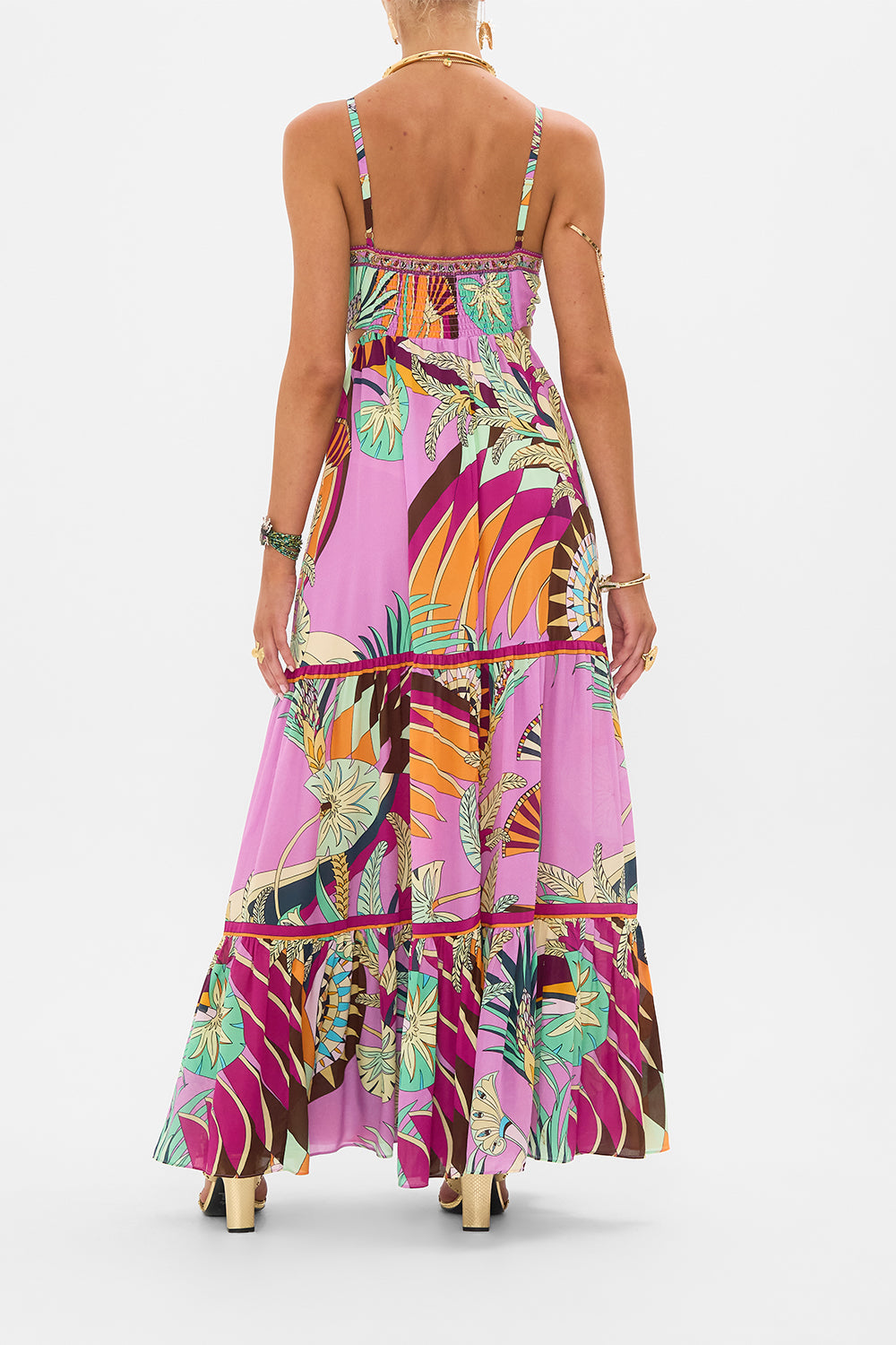 CAMILLA Gathered Cut Out Dress in Giza Goddess print. 