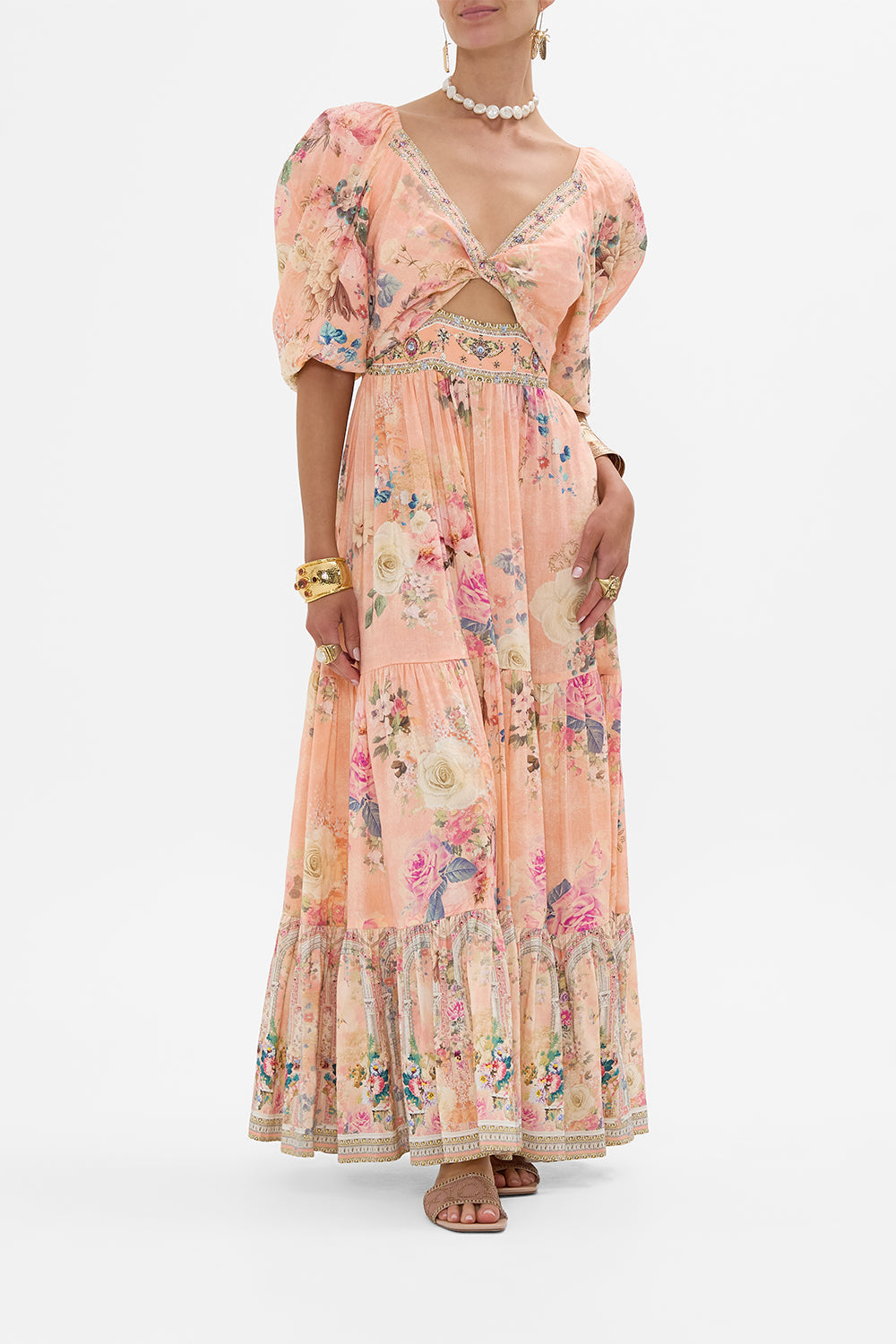 CAMILLA Floral Tiered Puff Sleeve Dress in The Jewellery Palace print. 