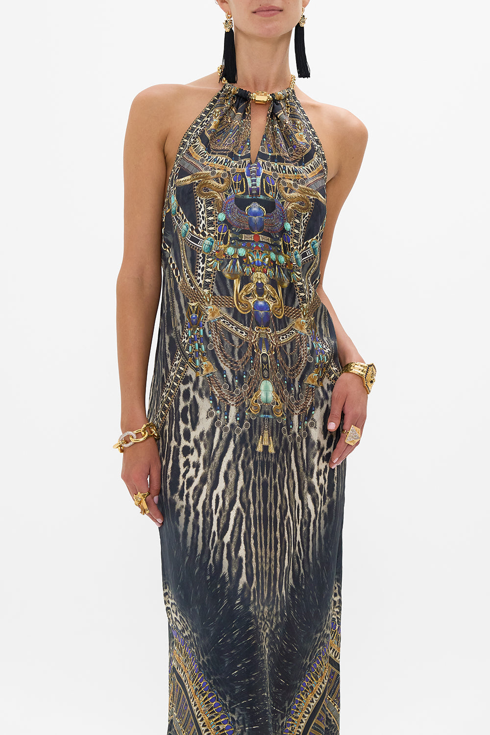 LOW BACK LONG DRESS WITH NECK HARDWARE CAT WORSHIP