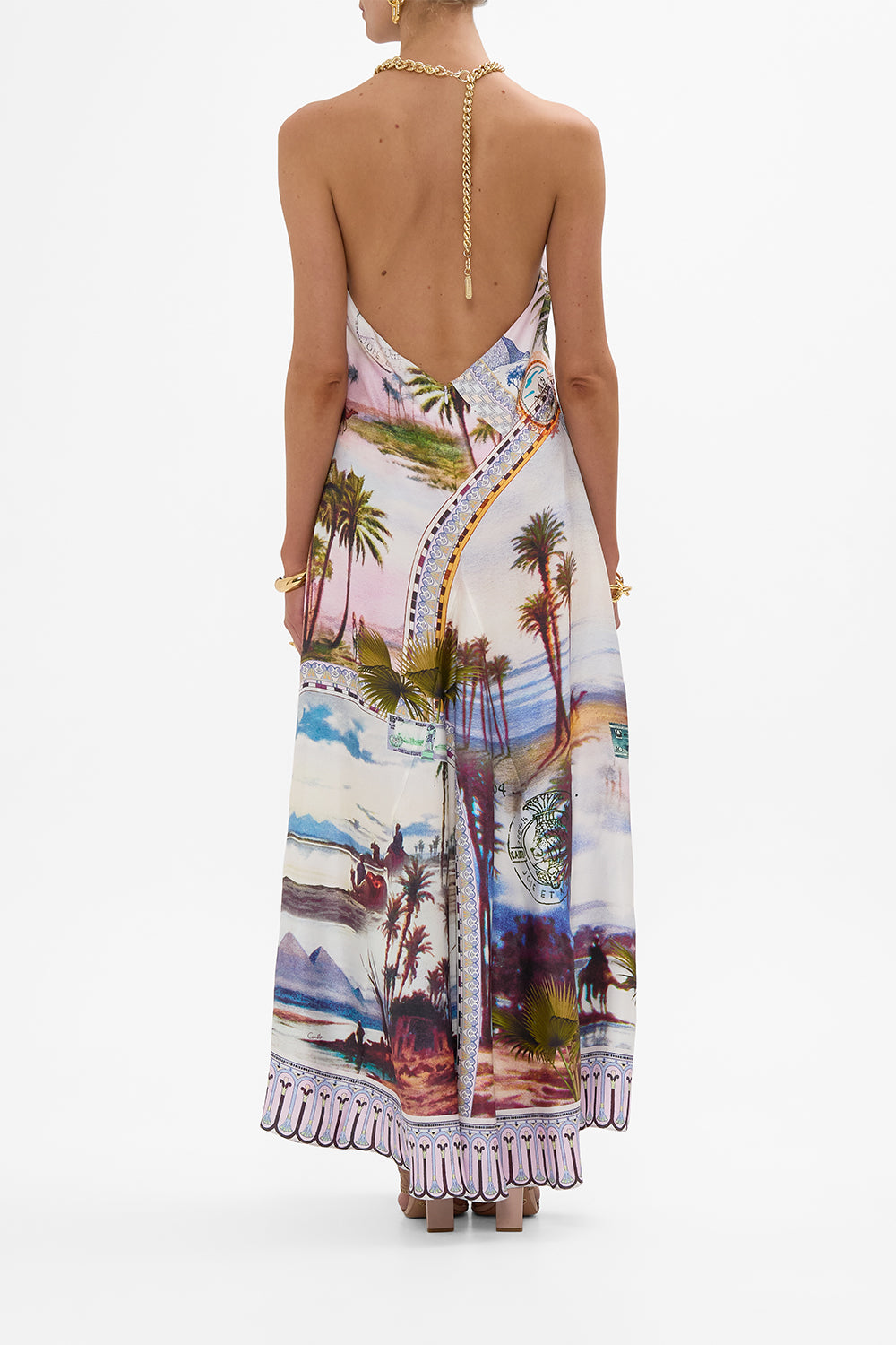 CAMILLA low back long dress with neck hardware in Call Me In Cairo print 
