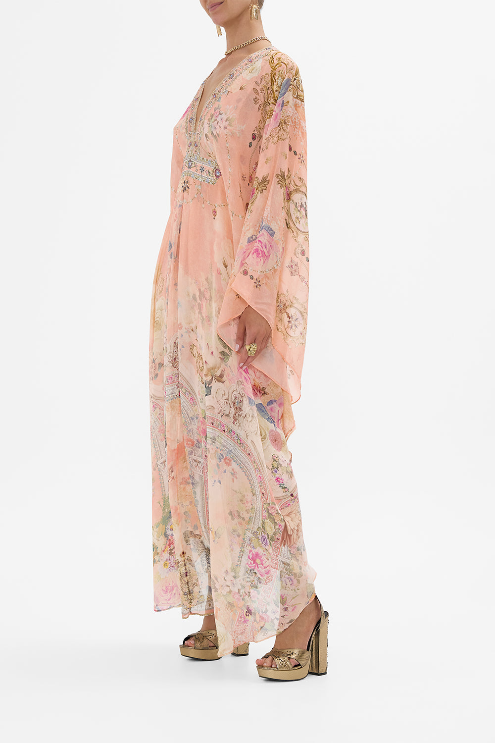 CAMILLA Long Kaftan With Waist Detail in The Jewellery Palace Print. 