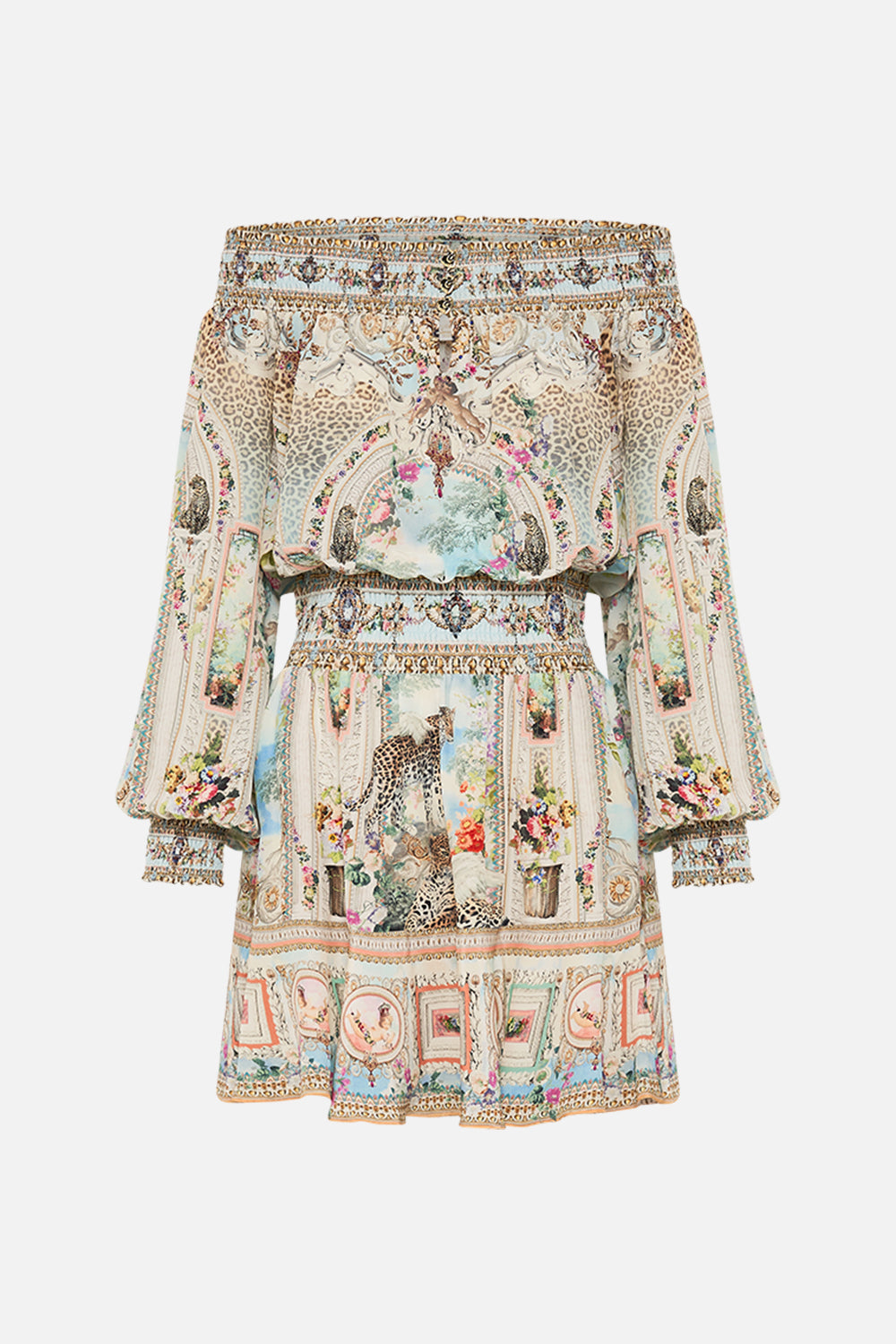 CAMILA Floral Off Shoulder Short Dress in We Always Have Alexandria Print. 