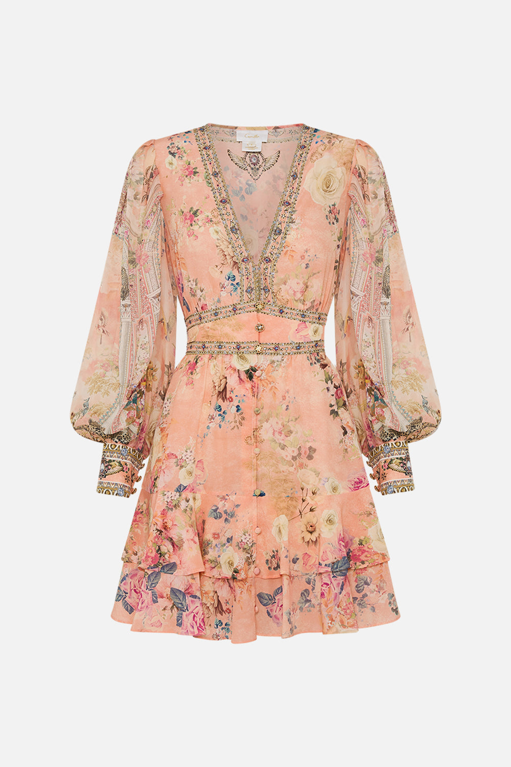 CAMILLA Floral Button Front Frill Dress in The Jewellery Palace Print. 
