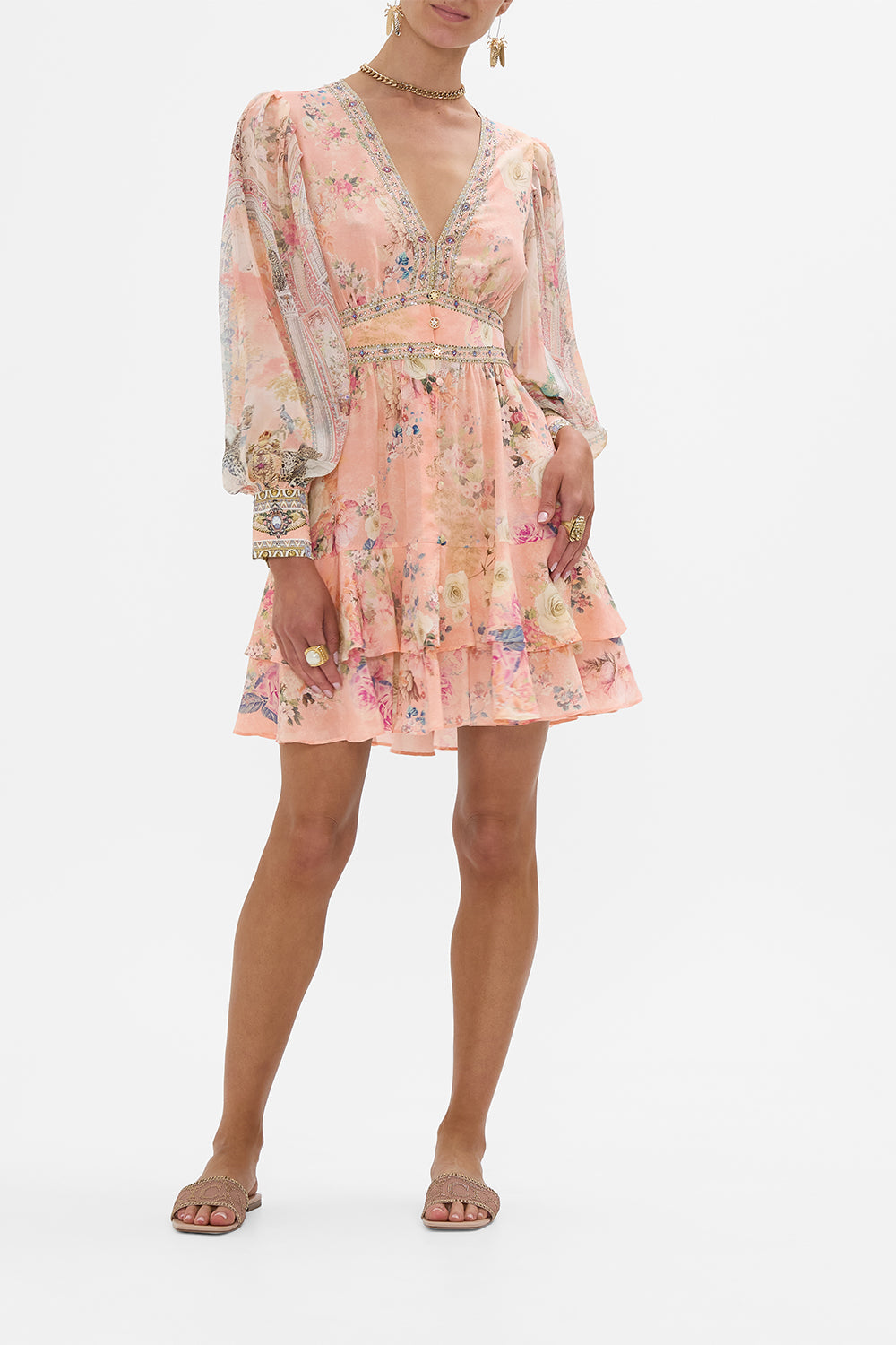 CAMILLA Floral Button Front Frill Dress in The Jewellery Palace Print. 