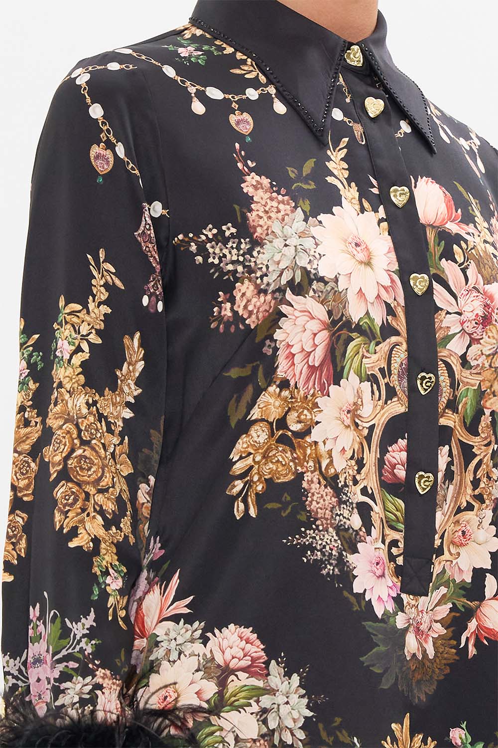 CAMILLA mini shirt dress with feathers in Dynasty Daze print.